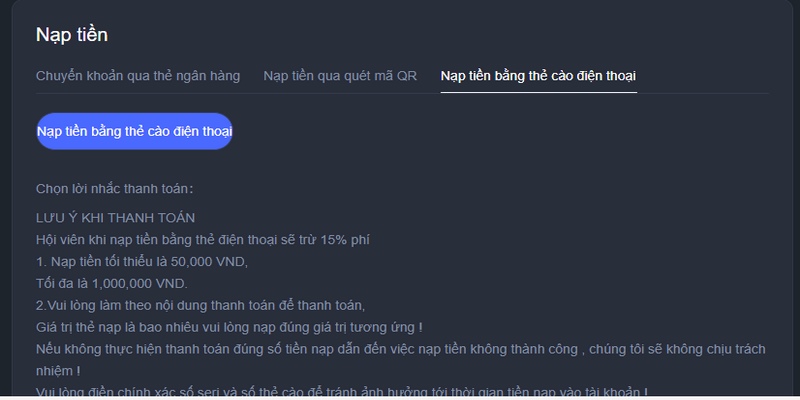 s66hỗ trợ nạp tiền bằng thẻ cào điện thoại để đơn giản hóa quá trình nạp tiền